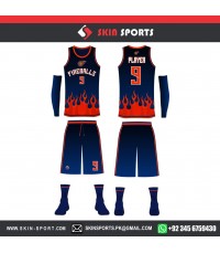 CHAMPIONS BLACK NAVY FIRE  FULL SET WITH SLEEVES  BASKETBALL UNIFORMS